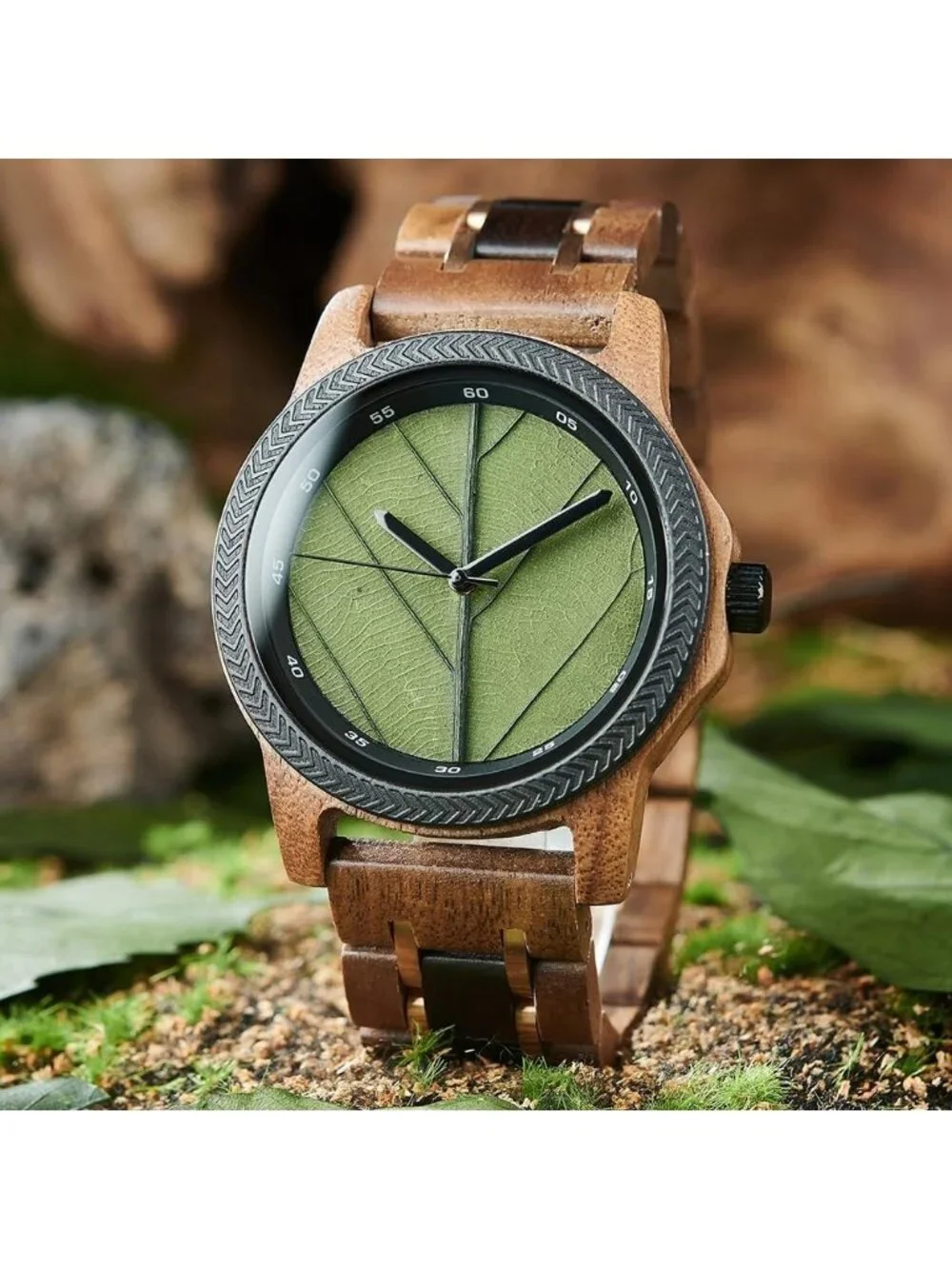 Men's Green Natural Japanese Quartz Minimalist Style Unique Real Wooden Watch
